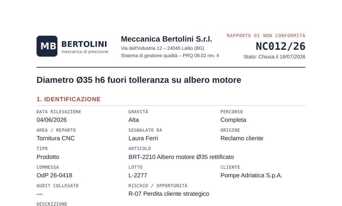 Prima pagina della scheda NC stampabile con logo aziendale, identificazione, descrizione e cause ipotizzate